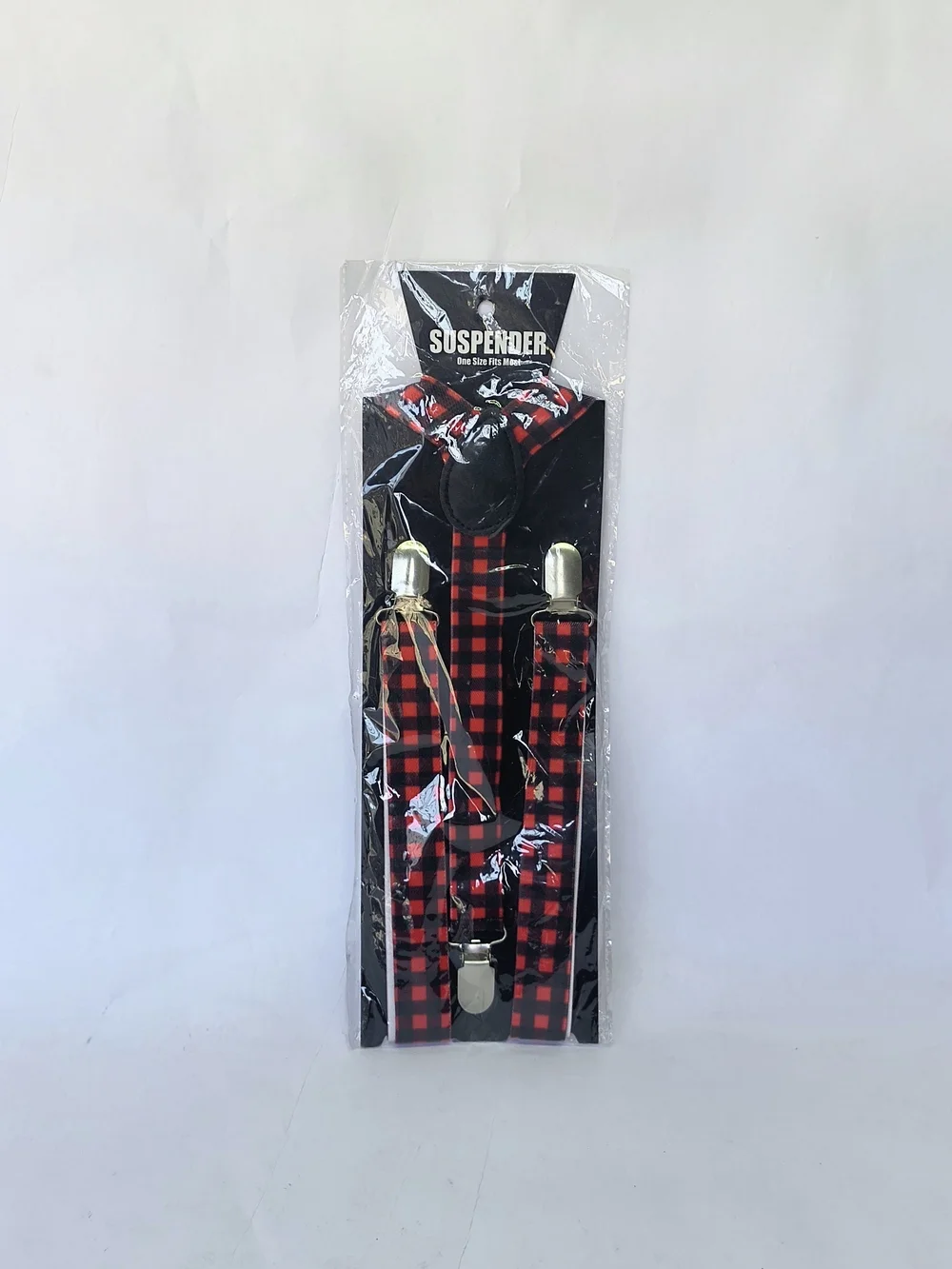 KALAN Boys Red Black Plaid Gingham Elastic Suspenders New